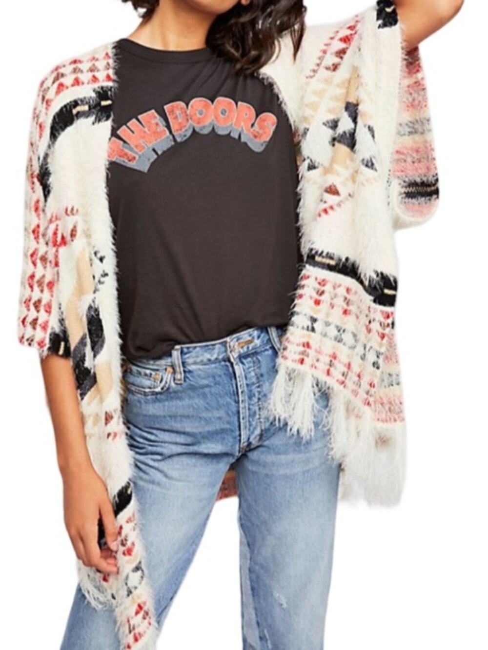 Free People Canyonland Fringe Aztec Kimono Sweater Wrap One Size Western Boho